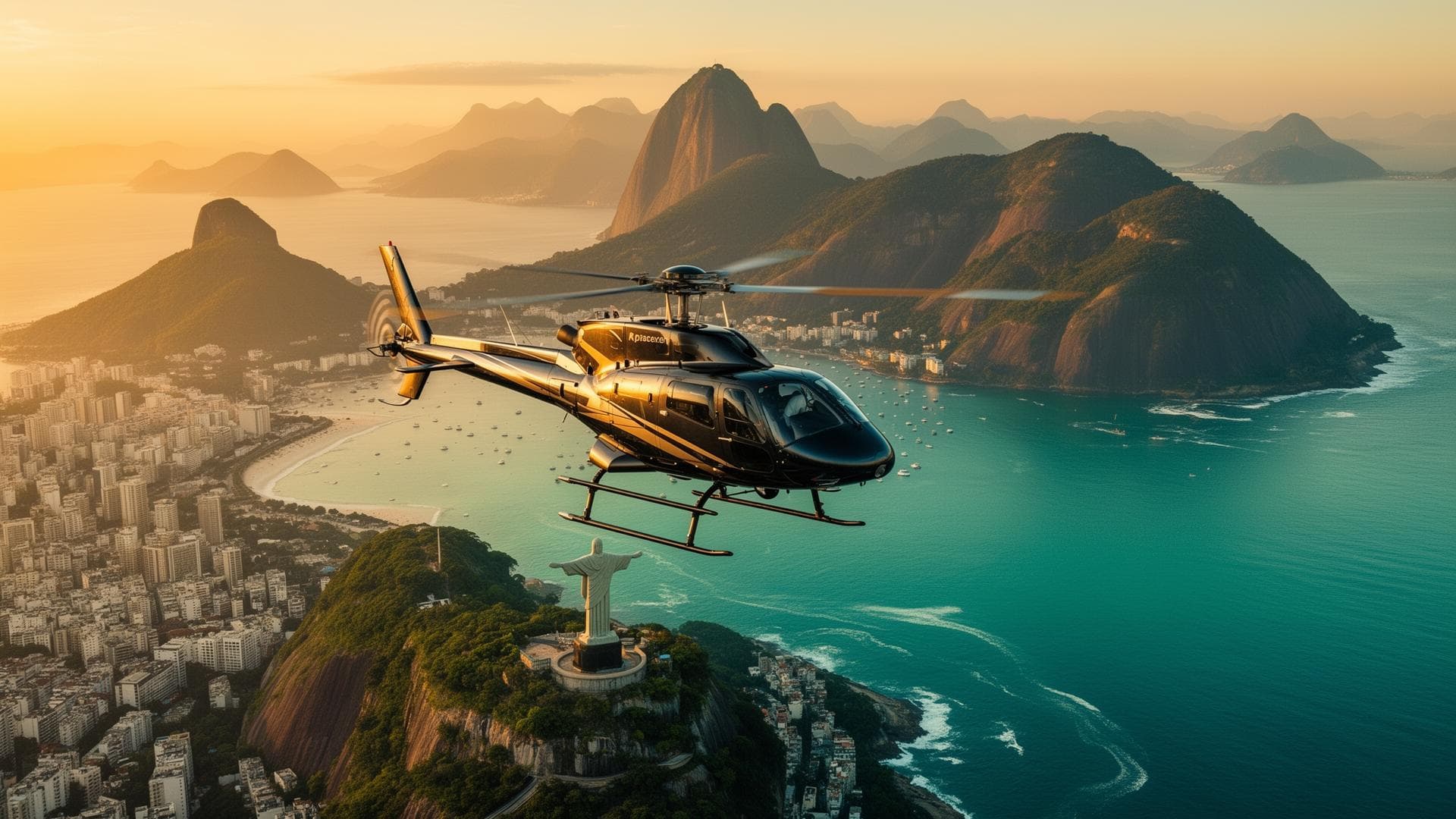 Helicopter flying over Rio de Janeiro at sunset